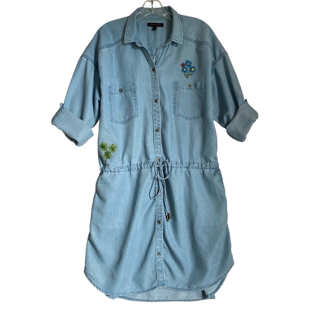 Shirt Dress M Chambray Blue Hand Embroidered Floral Lyocell Roll Tab Boho Grunge